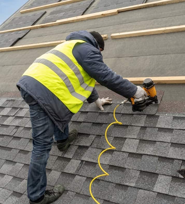 BlueSky roofing crew installing asphalt shingles on a steep residential roof, wearing high-vis vest.