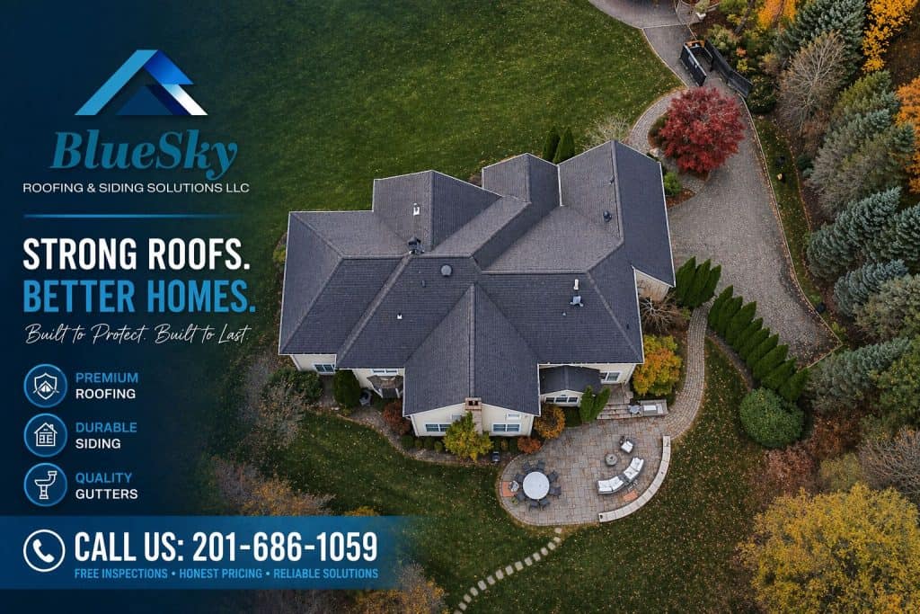 Aerial view of a large home with dark gray roofing and landscaped yard.