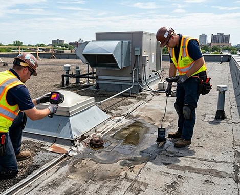 BlueSky roofing crew inspecting roof leak repair on flat roof near HVAC unit in New Jersey.