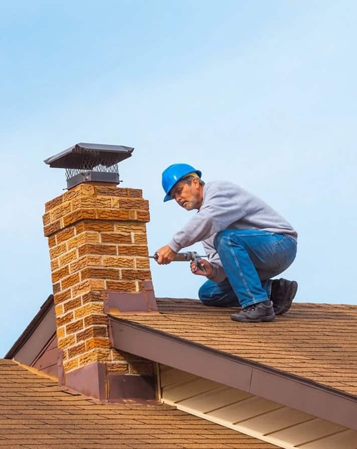 BlueSky roofing crew performing chimney repair on a residential roof in NJ
