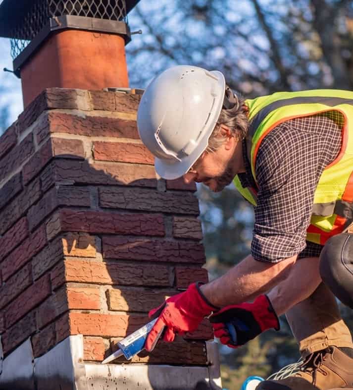 BlueSky roofing crew applying sealant to brick chimney during chimney repair