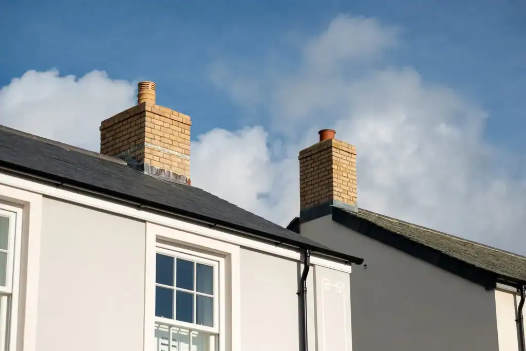 Two brick chimneys on a white house roof under blue sky; masonry work in NJ