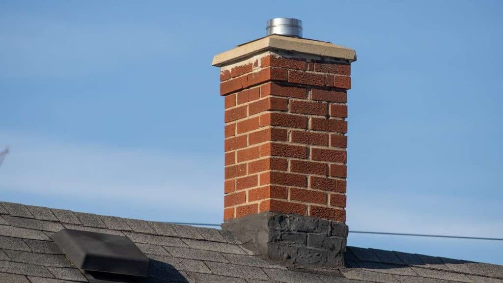 Brick chimney with metal cap atop shingled roof; masonry work in Clifton NJ.