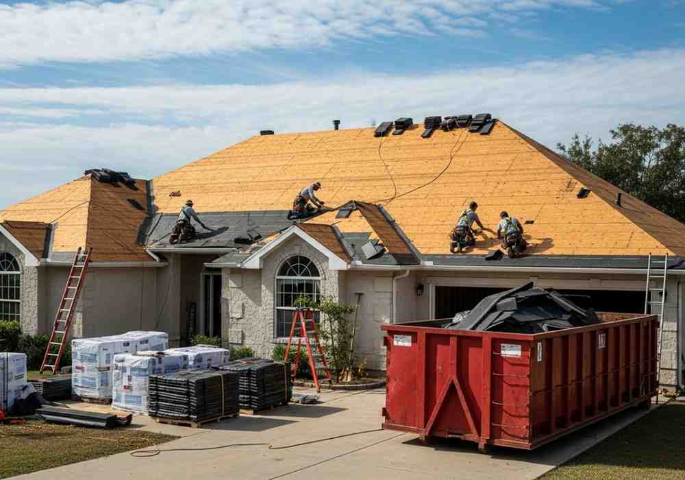 Roof replacement underway on a New Jersey home with workers, ladders, and dumpster.