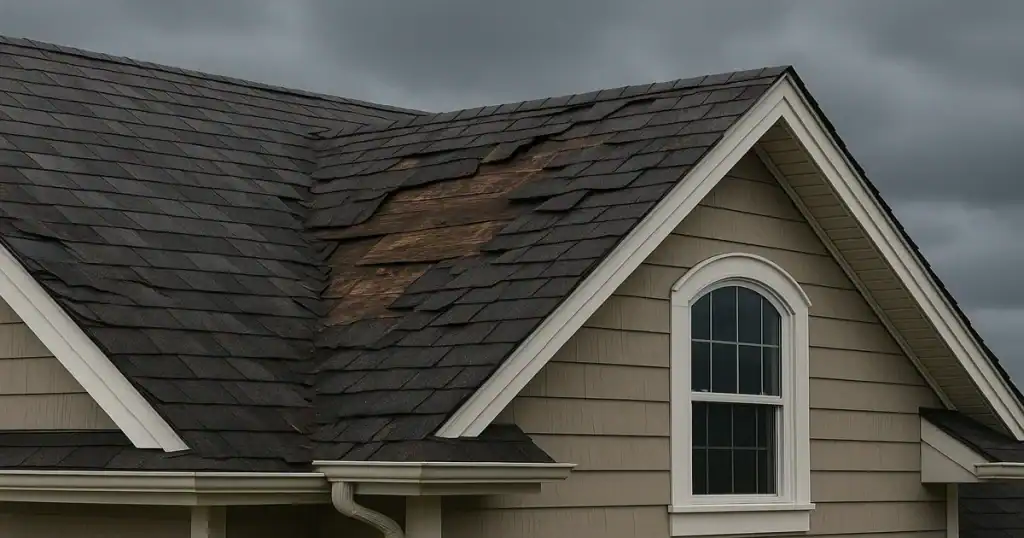 Damaged asphalt roof with missing shingles on left side before roof replacement in Clifton NJ