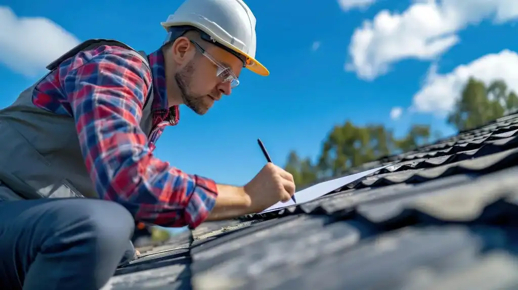 Roofer in hard hat on sloped roof, taking notes for roof replacement in NJ