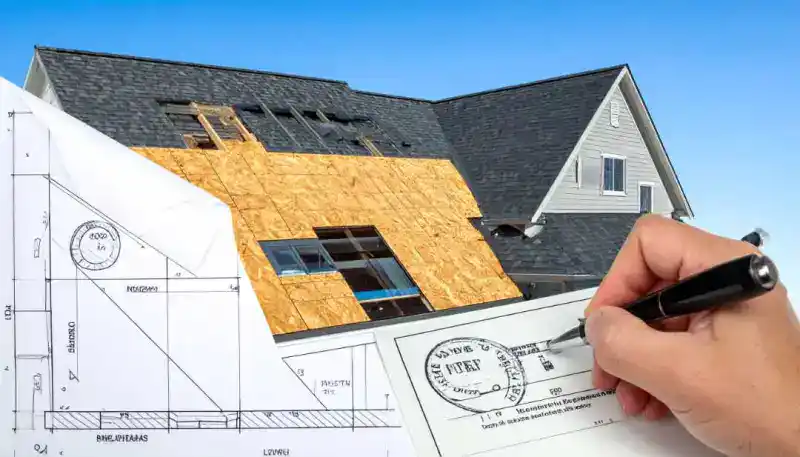 Hand marking blueprint beside roof replacement with plywood sheathing in New Jersey