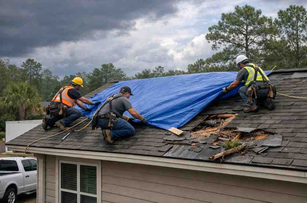 Three workers on a residential roof securing a blue tarp during roof leak repair in NJ