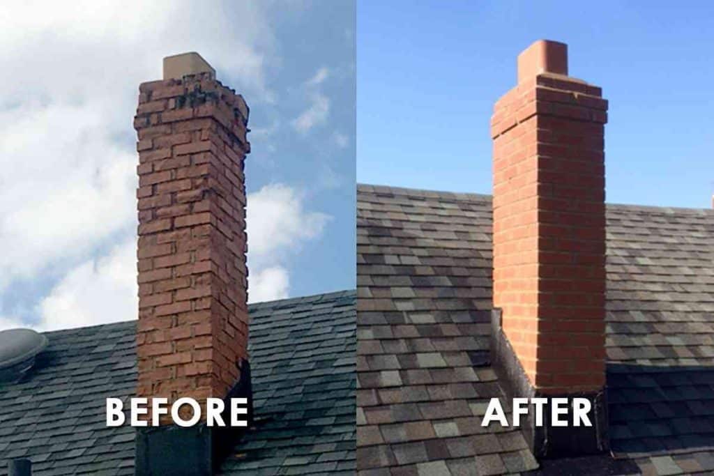 Split view shows damaged brick chimney with crumbling top before chimney repair and rebuilt after in Clifton NJ