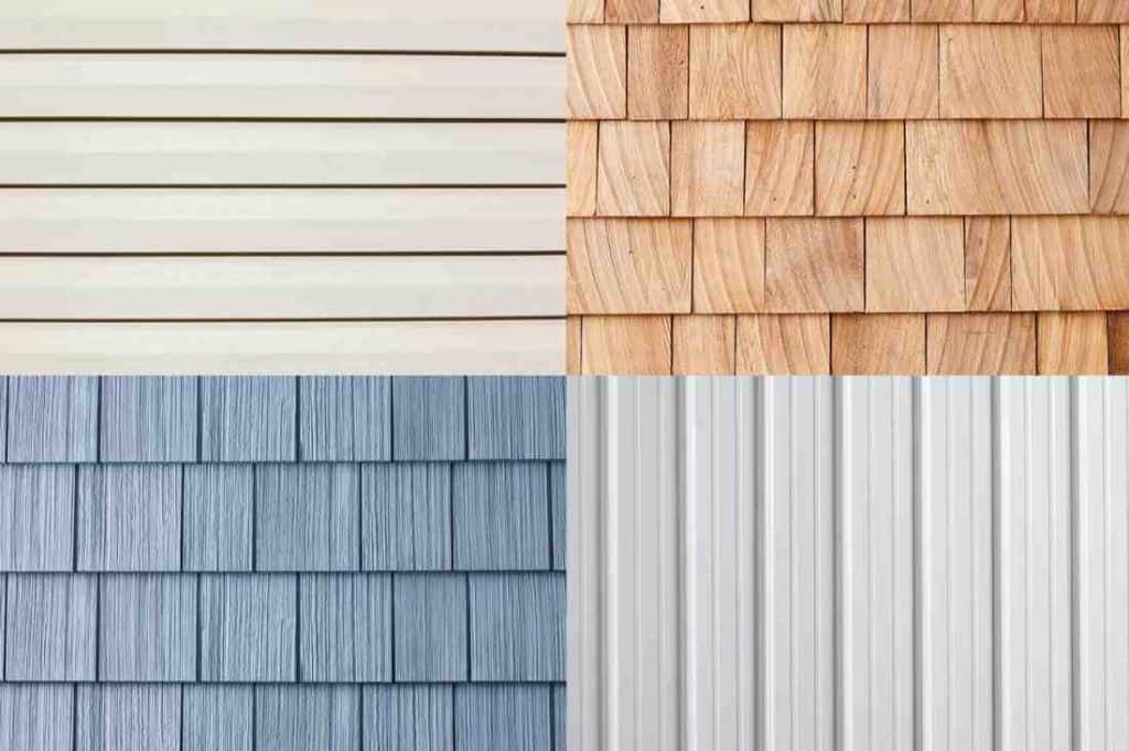 Collage of siding installation options: beige horizontal, wood shake, blue shingle, vertical metal siding in NJ