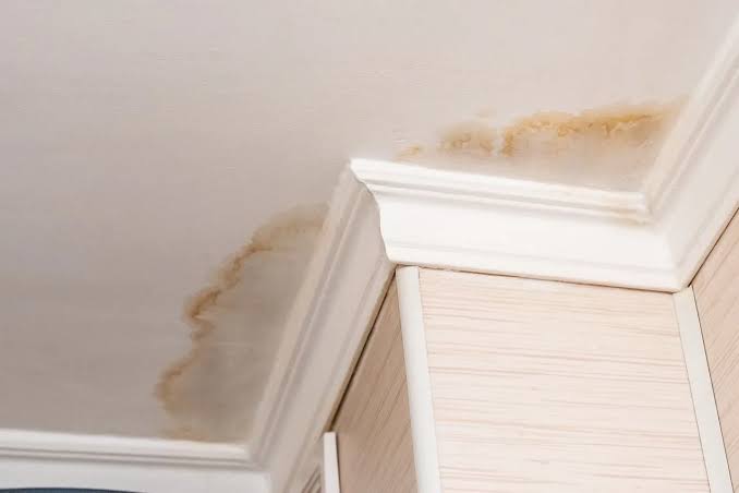 Water stains on bathroom ceiling near crown molding in Clifton, NJ