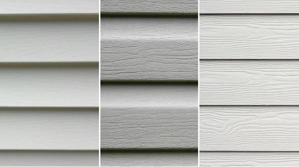 Three siding samples for siding installation: cream vinyl, gray wood-grain, tan wood-grain panels.