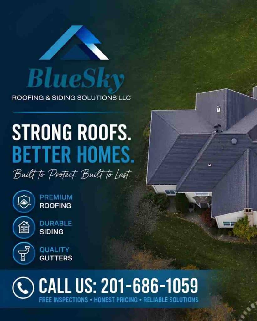 BlueSky Roofing and Siding ad with aerial view of a roof replacement.