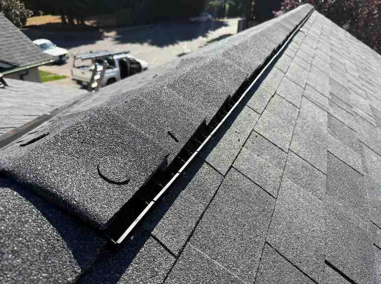 Sloped dark gray asphalt shingle roof with ridge vent.