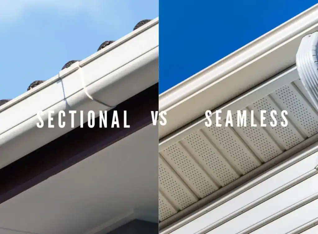Split-screen: sectional gutter left, seamless gutter right for gutter installation in NJ.