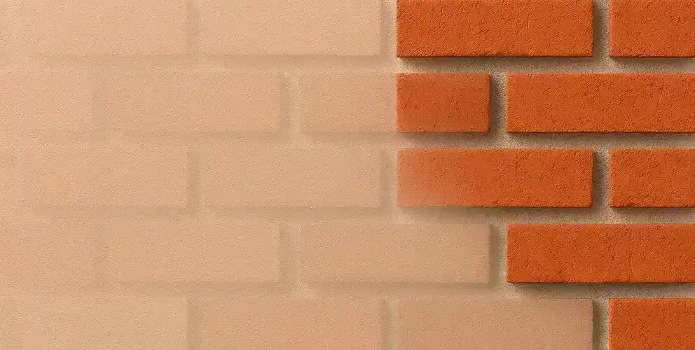 Close-up of orange and beige brick wall, masonry work in New Jersey.