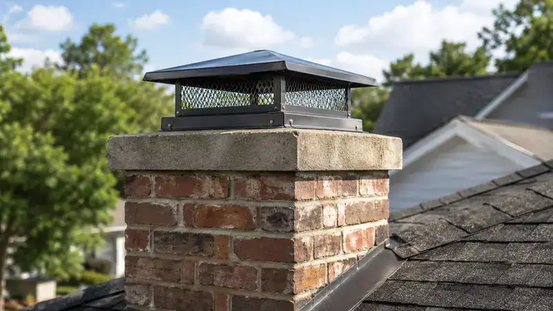 Brick chimney with metal vent cap atop shingled roof; chimney repair in New Jersey.