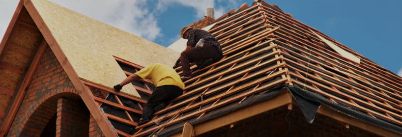 Two workers atop a roof under construction with battens during roof replacement
