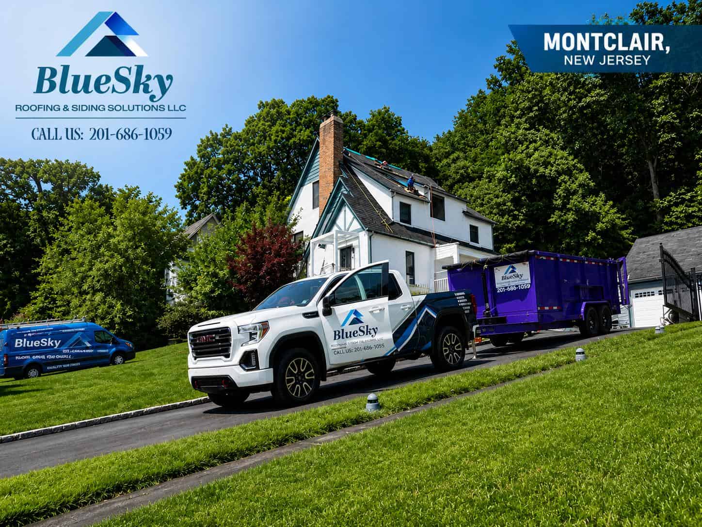 Roof replacement underway on Montclair, NJ home with BlueSky trucks.