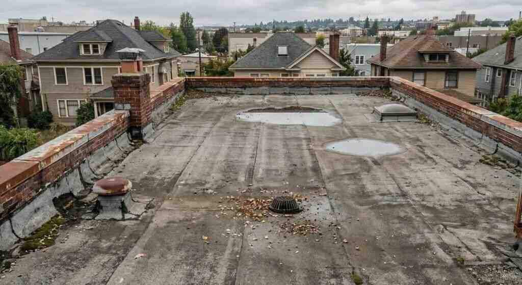 Flat roof with water pooling and damage, Hoboken NJ, roofing repair needed.